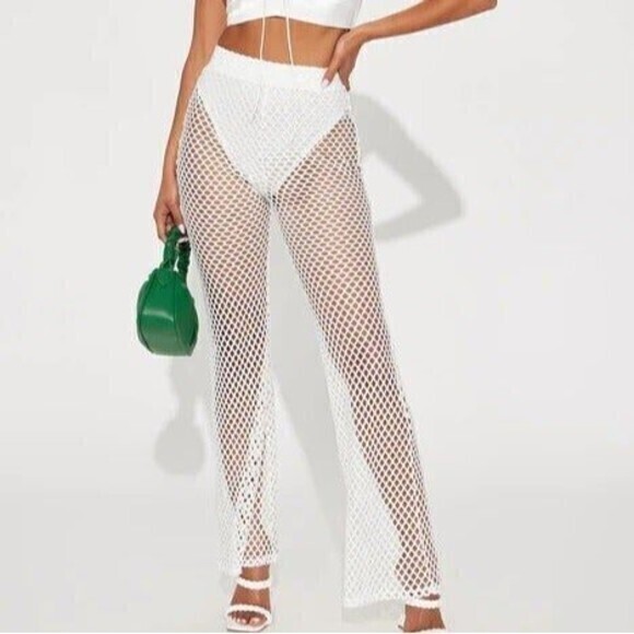 White‎ Fishnet High Rise Flare Cover Up Pant Size M RefM012 - Picture 2 of 6